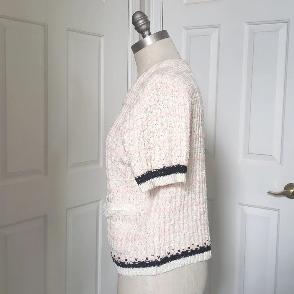 Anthropologie Plaid Tweed Knit Sweater Tee • Fringe Shimmer Pink Cream M - Picture 6 of 12